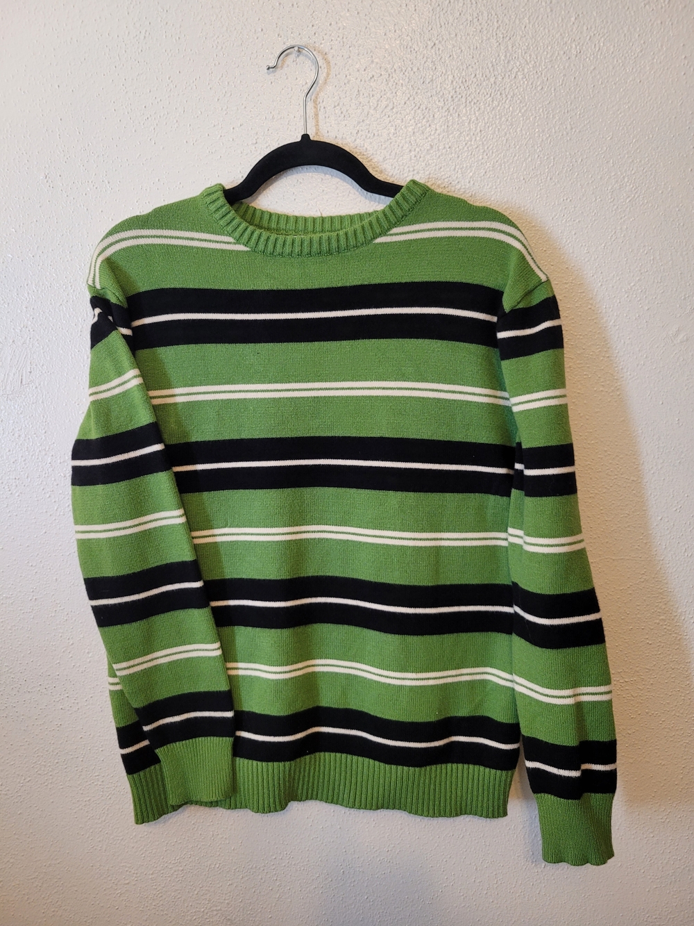 OXKNIT Retro 70s Green Black Striped Cotton Crewneck Sweater Large